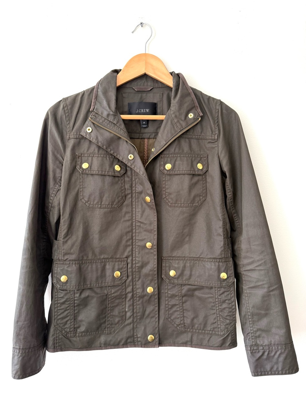 J.Crew Downtown Field Jacket XS Moss Olive Green Waxed Utility Cargo Coat Jacket